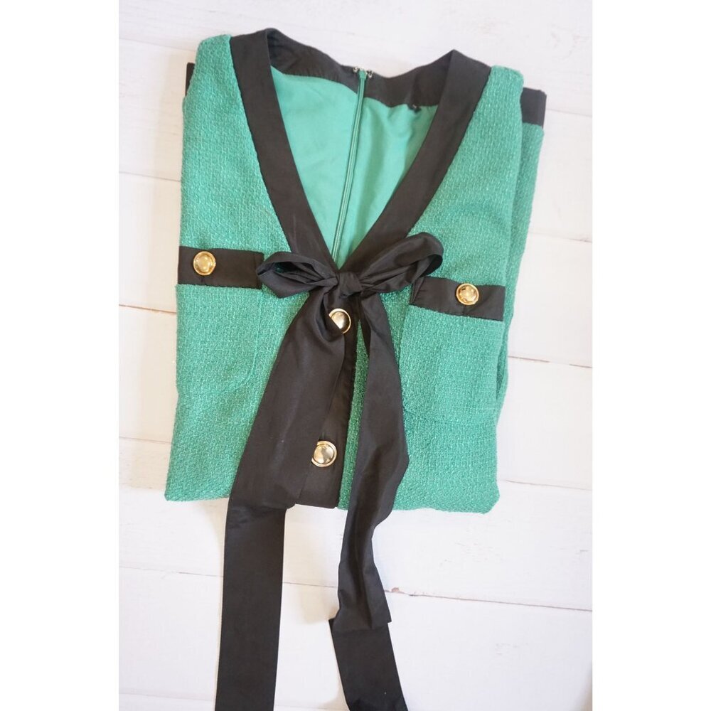 Elegant Green Tweed Blazer Dress w/ Black Trim & Gold Buttons - Size S - Picture 7 of 7
